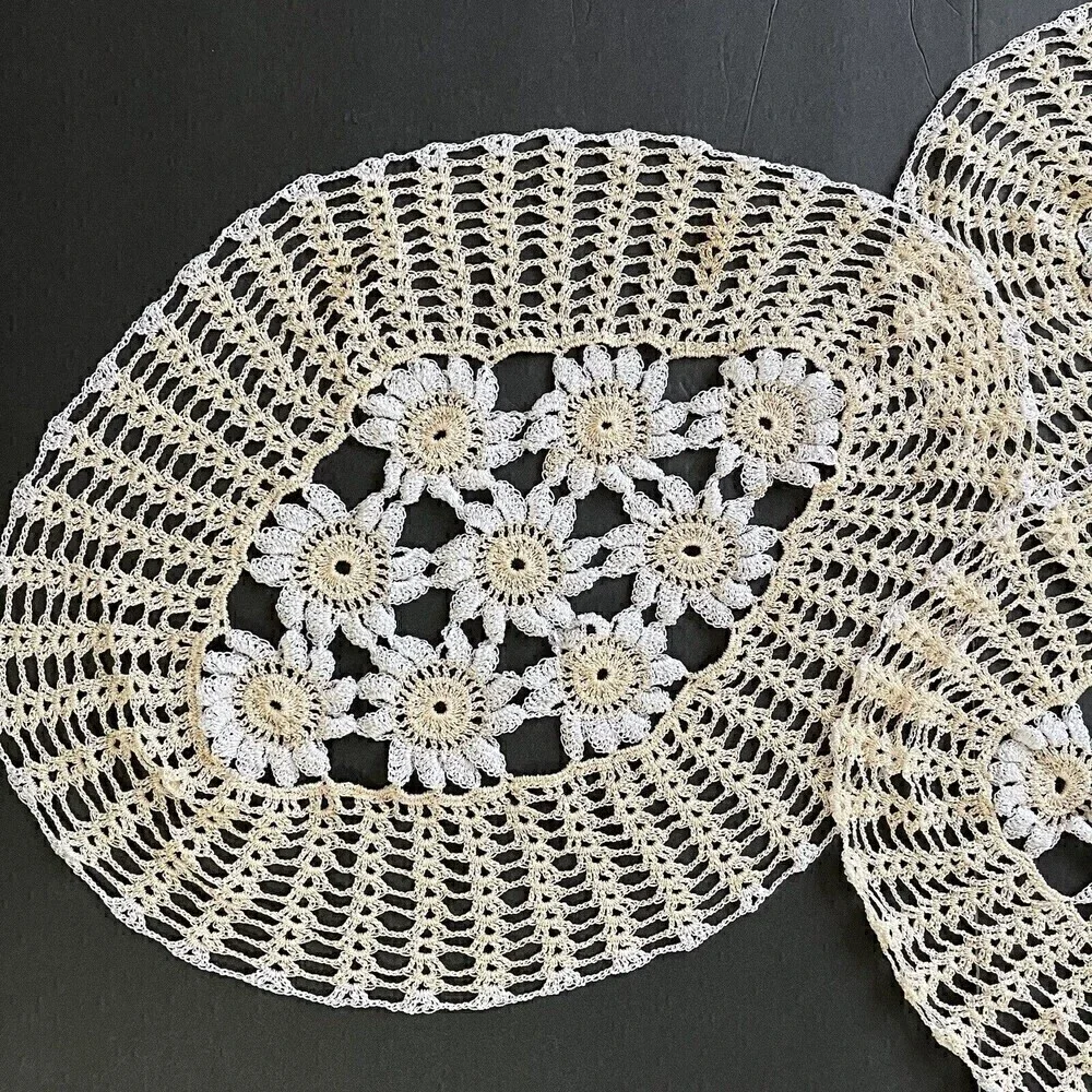 Hand Crocheted Oval Lace Peach Doilies Centerpiece Doily Floral Vintage Lot of 3